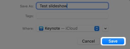 Saving and exporting a slideshow in Keynote.