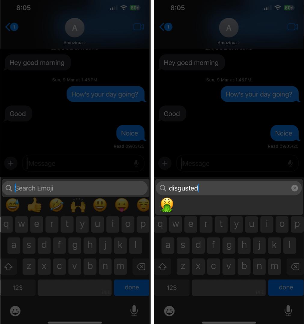 search and select the displayed emoji options on emoji keyboard
