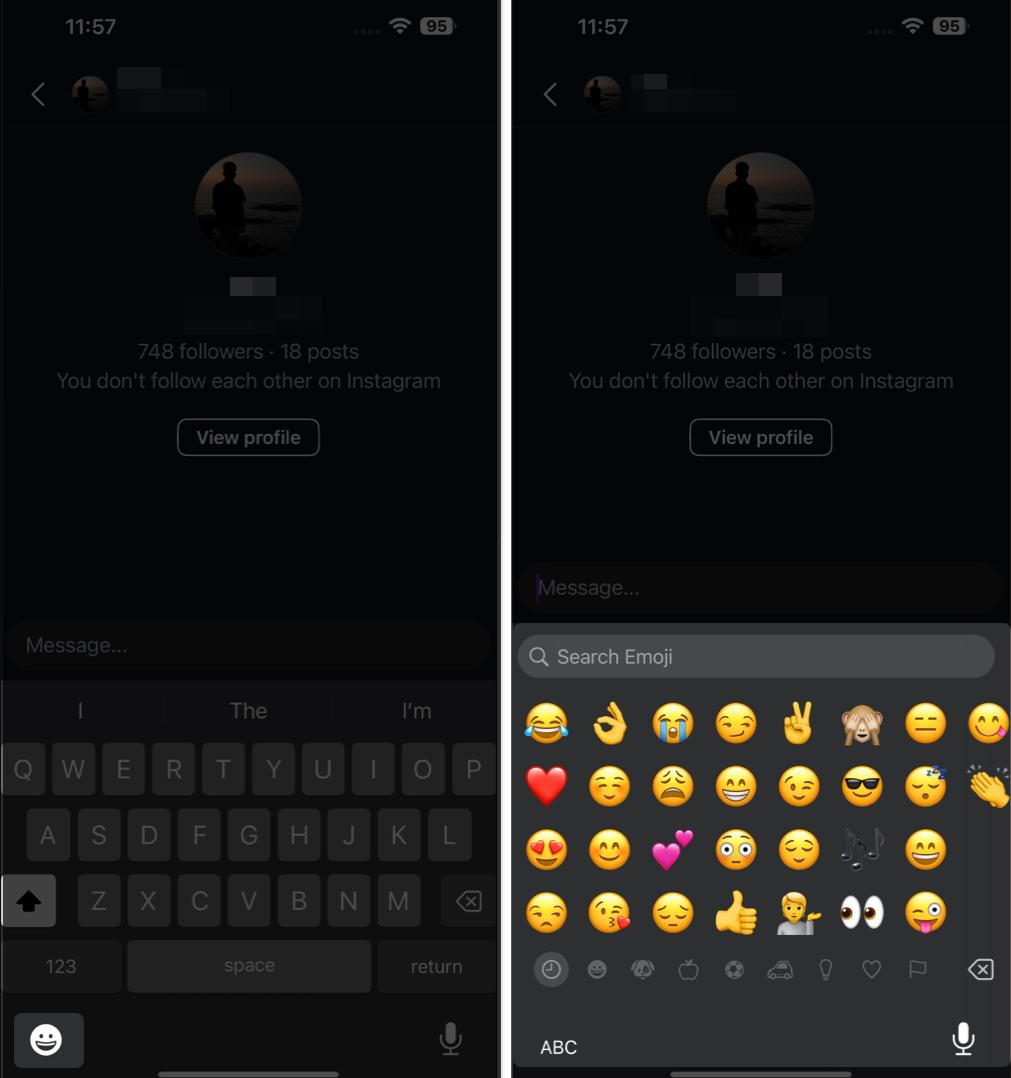Accessing the emoji keyboard in an app on an iPhone.