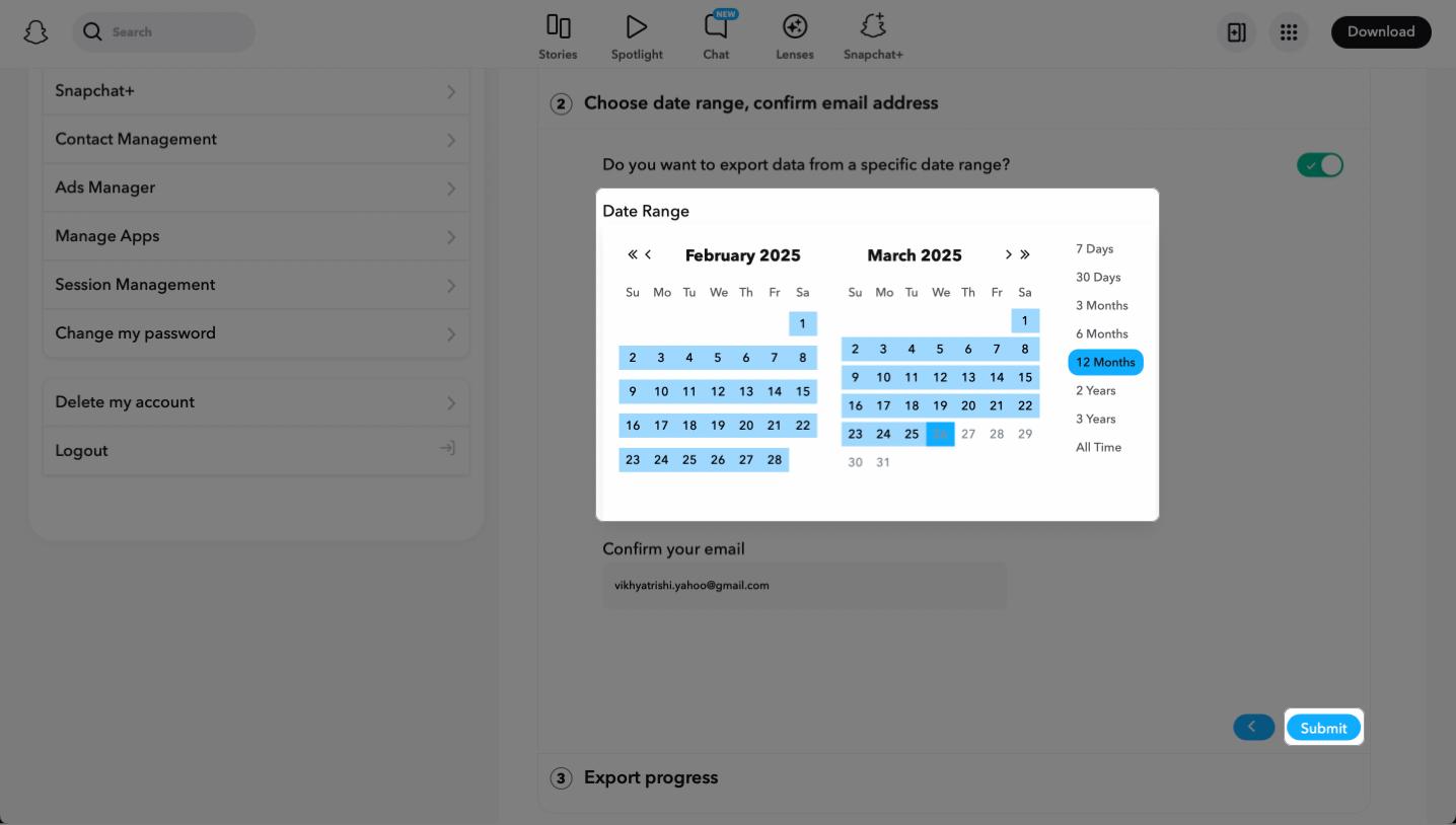 select date range submit request to download snapchat data on mac