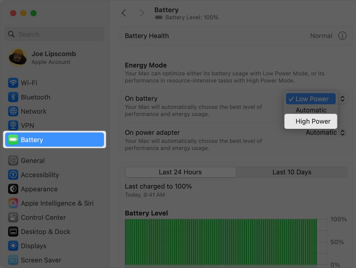 select high power mode from system setting on mac.