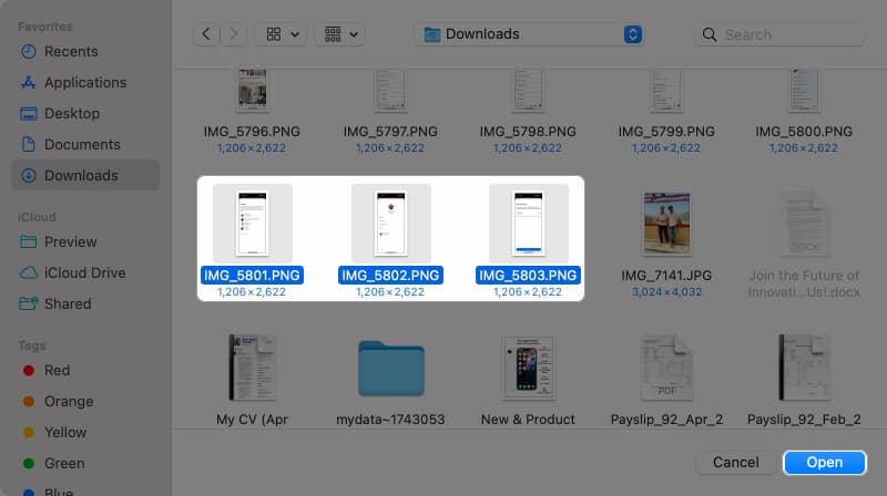 Selecting images in Finder to view as a slideshow.