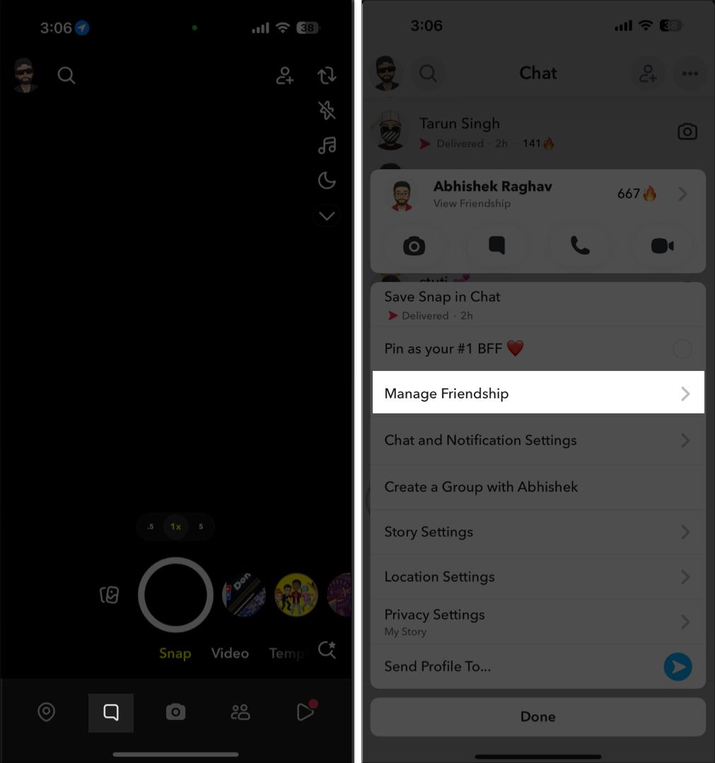 Manage Friendship option upon selecting a contact to unfriend in the Chat tab.