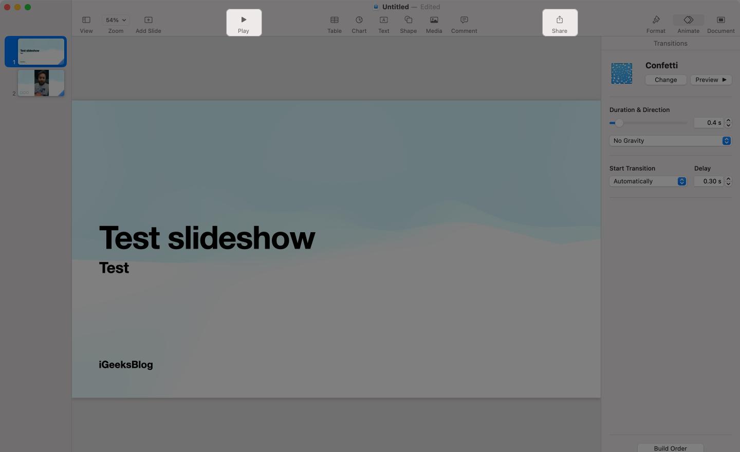 Play and Share buttons in the Keynote app on a Mac.