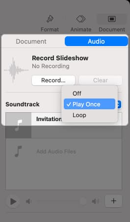 Configuring sound track for a slideshow in Keynote.