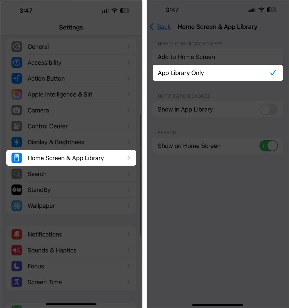 selecting app library only for new downloaded apps from iPhone settings