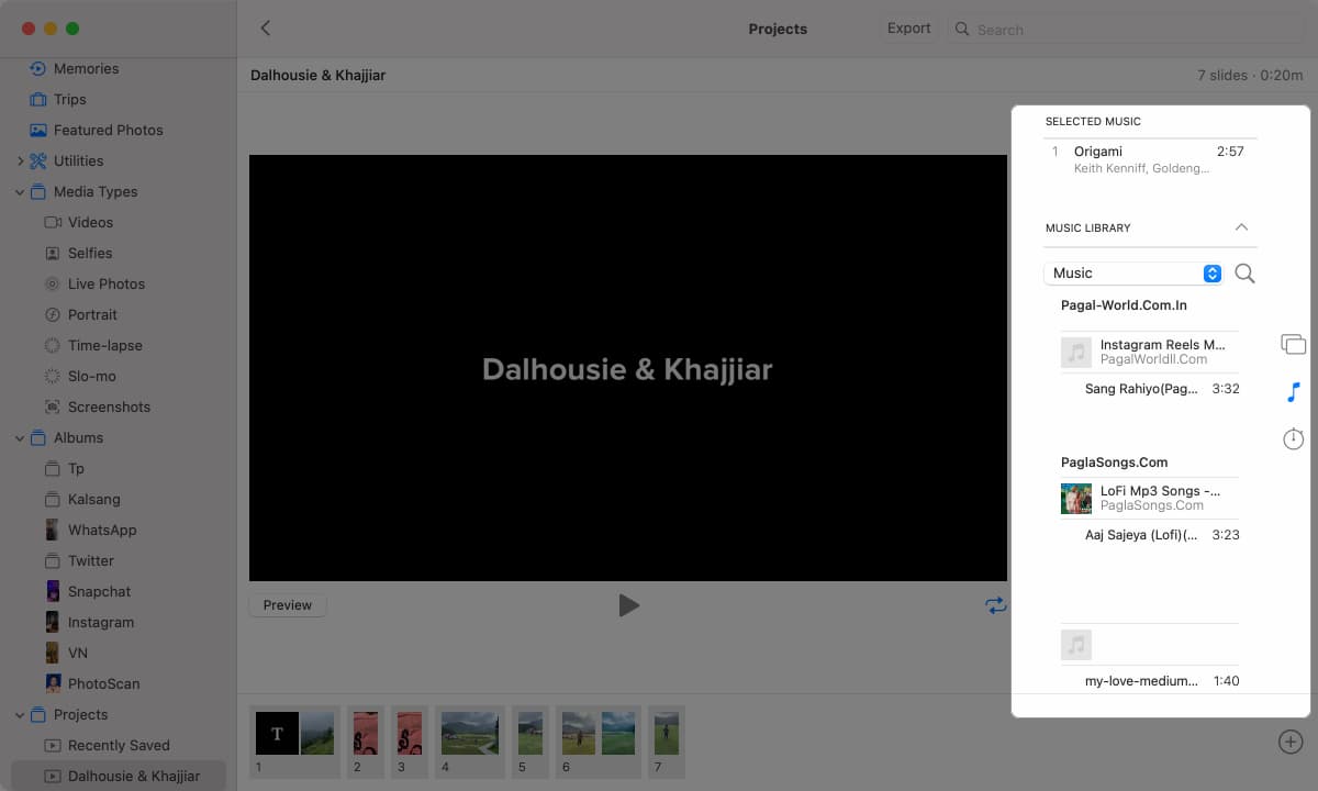 Selecting a music track for a slideshow in Photos app.
