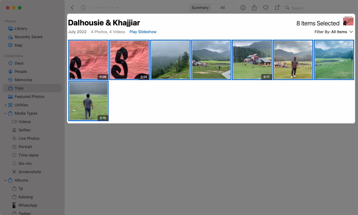 Selecting the photos and videos for the slideshow in the Mac Photos app.