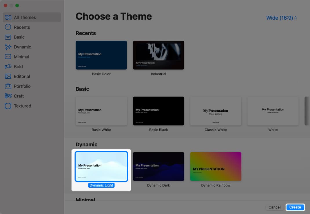 Choosing a theme for a new slideshow in Keynote.