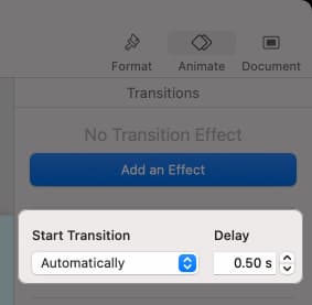 Configuring transition for a slideshow in Keynote on a Mac.