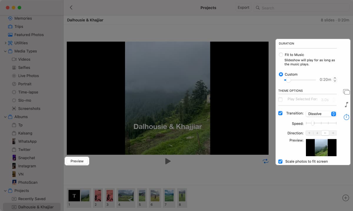 Setting the slideshow duration in Photos.
