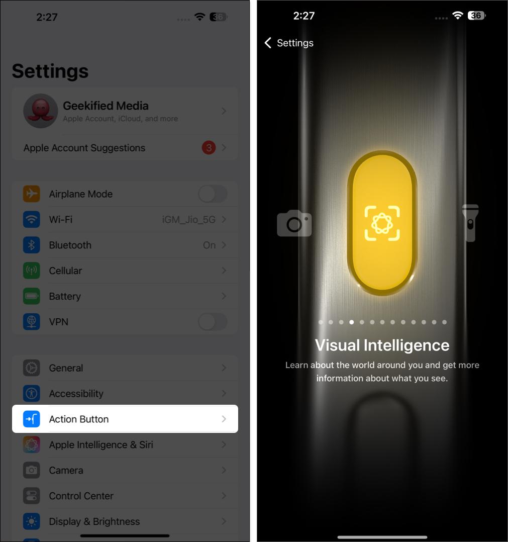 Assigning the Visual Intelligence functionality to the Action Button on an iPhone