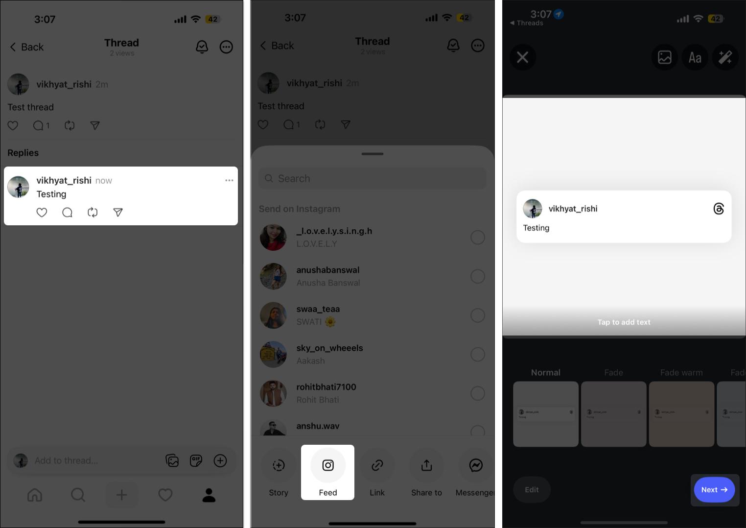 share a therad in your instagram feed on iPhone