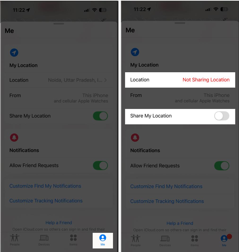 Disabling Share My Location option in Find My app on an iPhone.