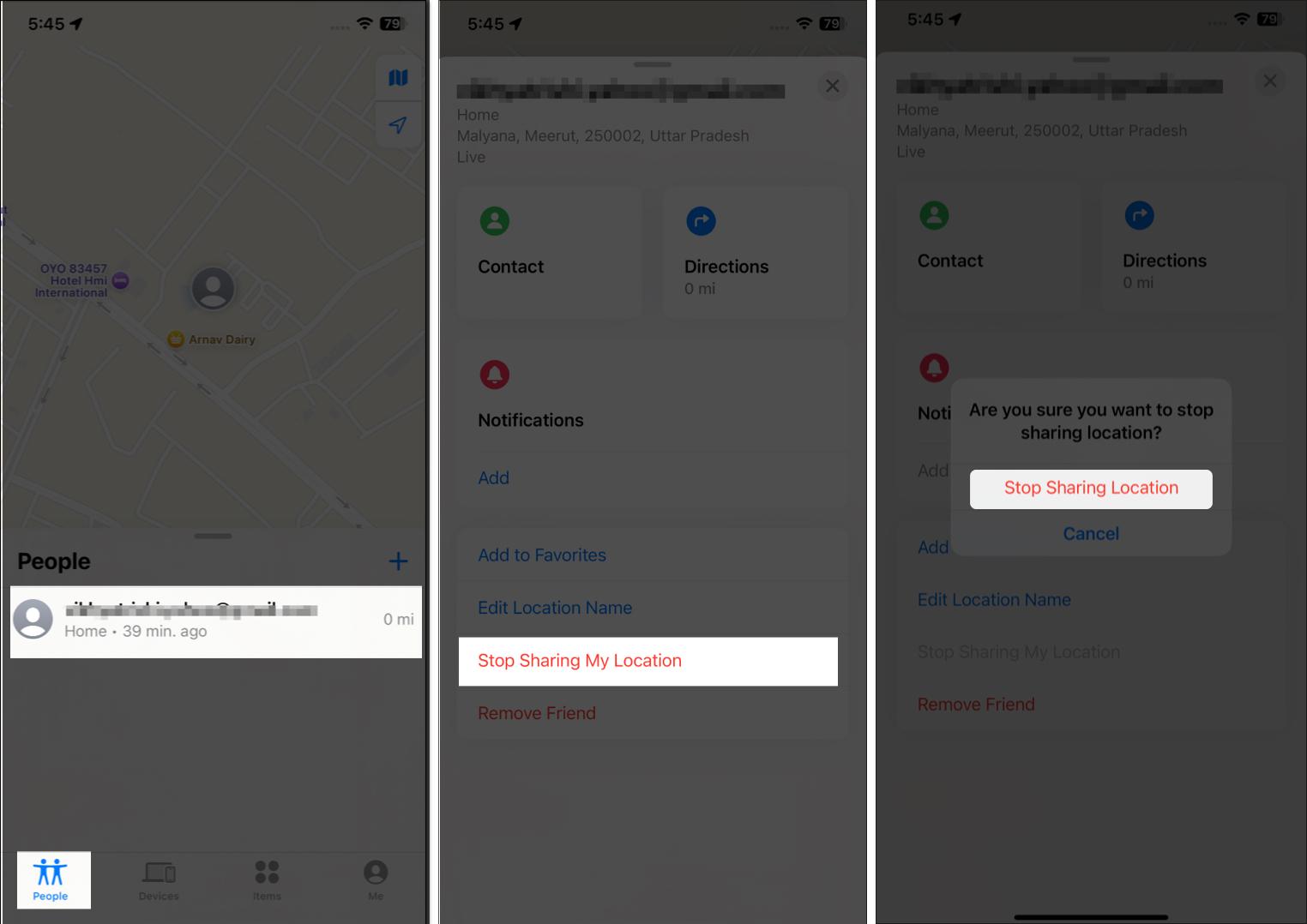 Using the Stop Sharing My Location in Find My app to stop sharing location with the selected person.