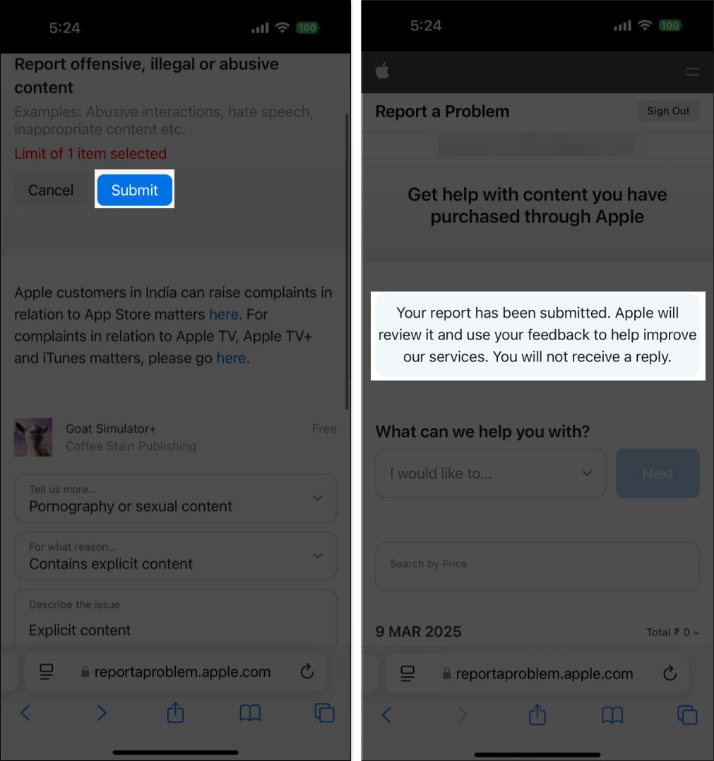 Submitting report for a bad app on Apple's Report a Problem webpage.