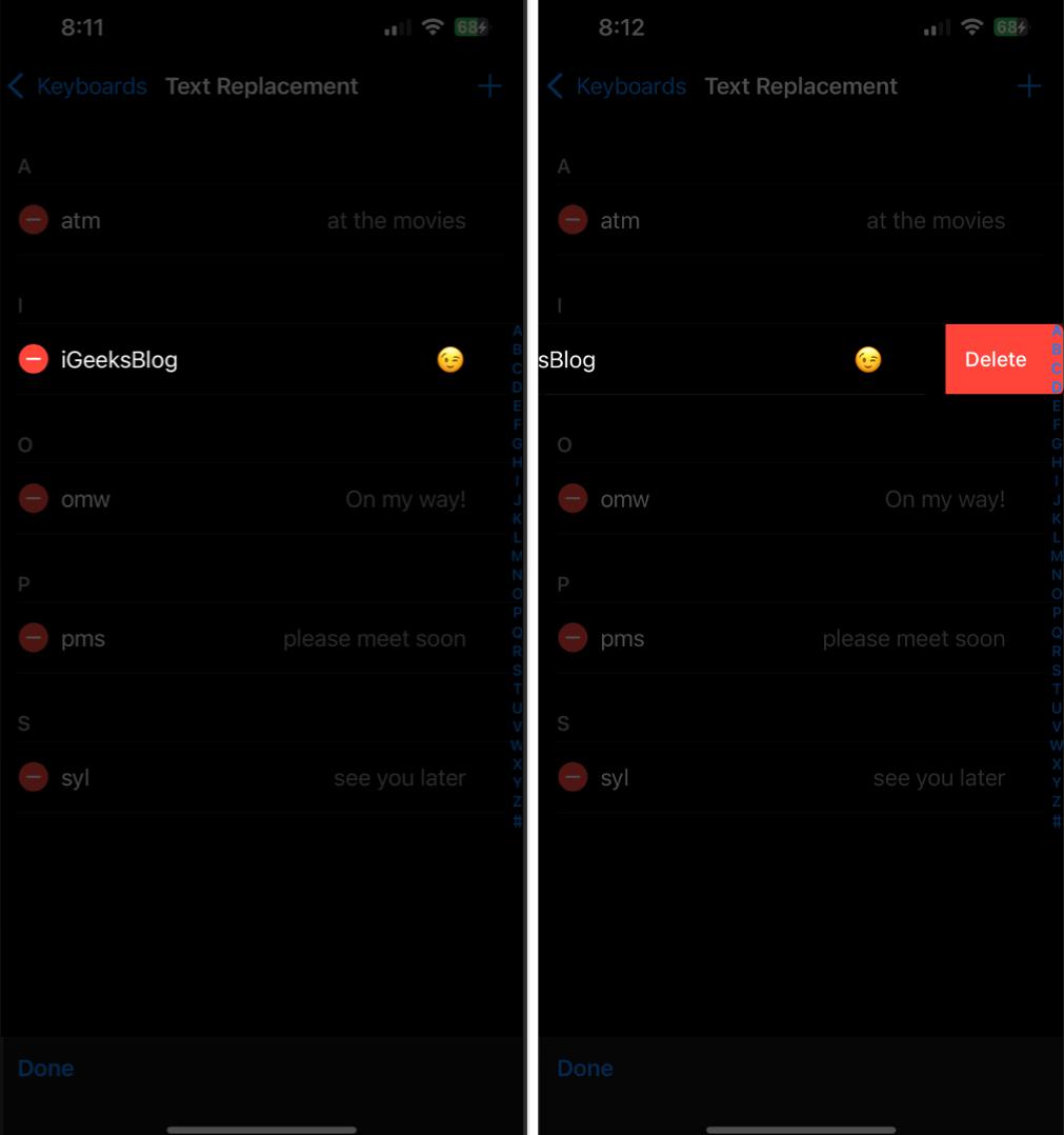 Deleting a text replacement in iOS Settings app.