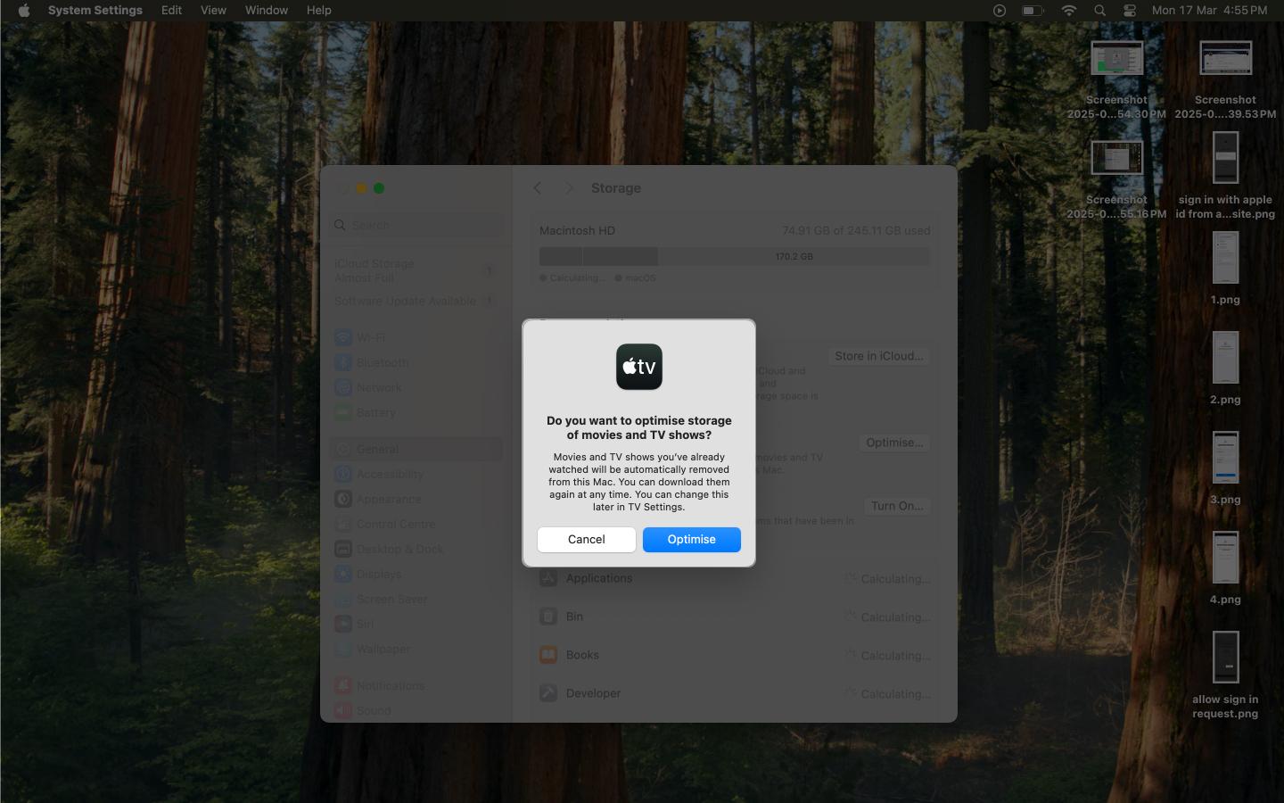 Prompt confirming to run Optimize Storage on a Mac.