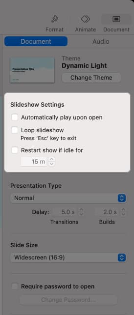 Configuring slideshow settings in macOS Keynote app.