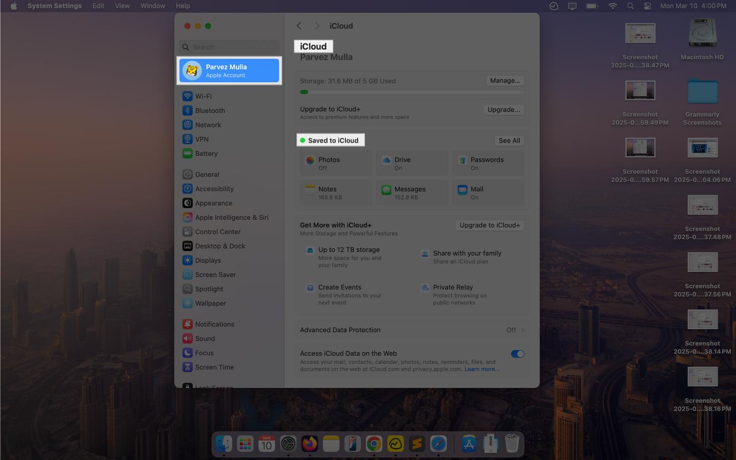 Viewing items saved to iCloud on a Mac.