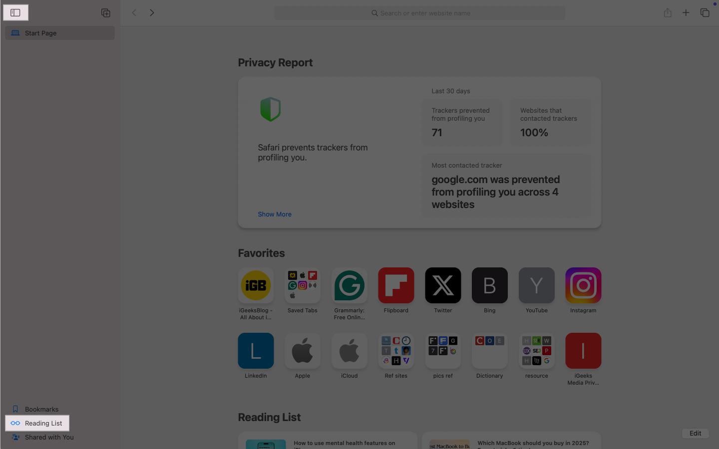 Accessing Reading List in Safari on a Mac.