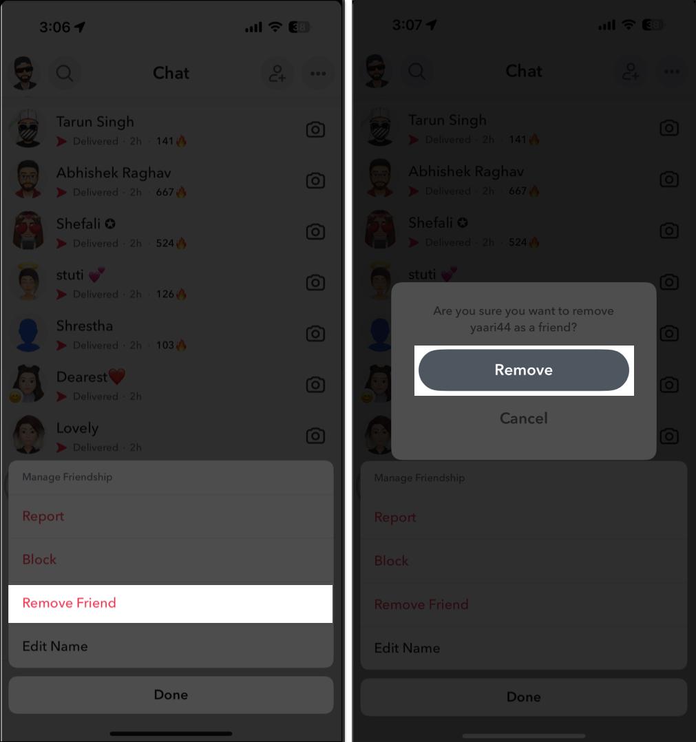 Unfriending a person in the  Snapchat app on an iPhone.