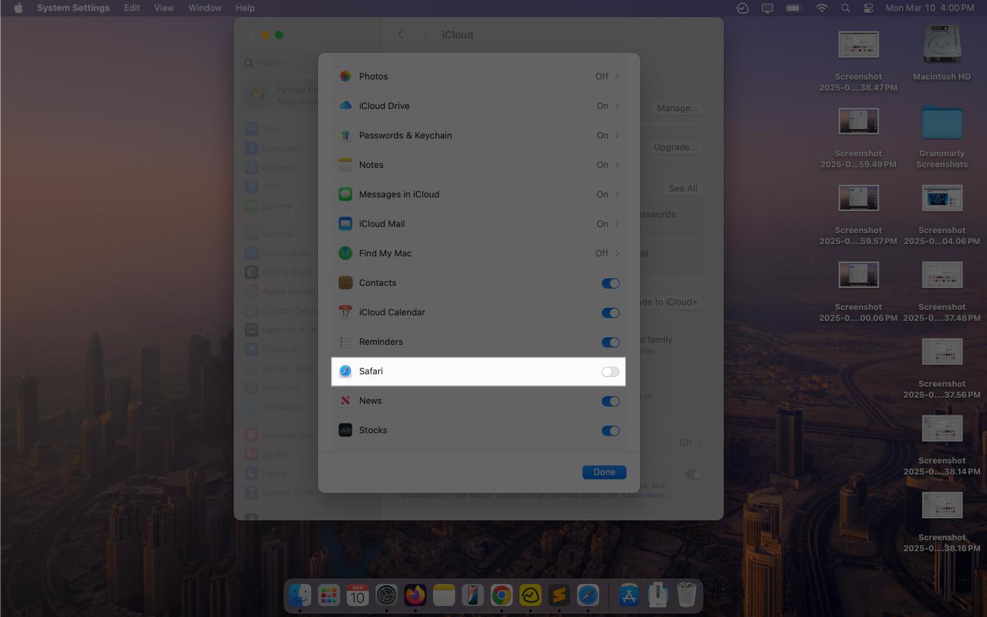 Disabling sync for Safari on a Mac.