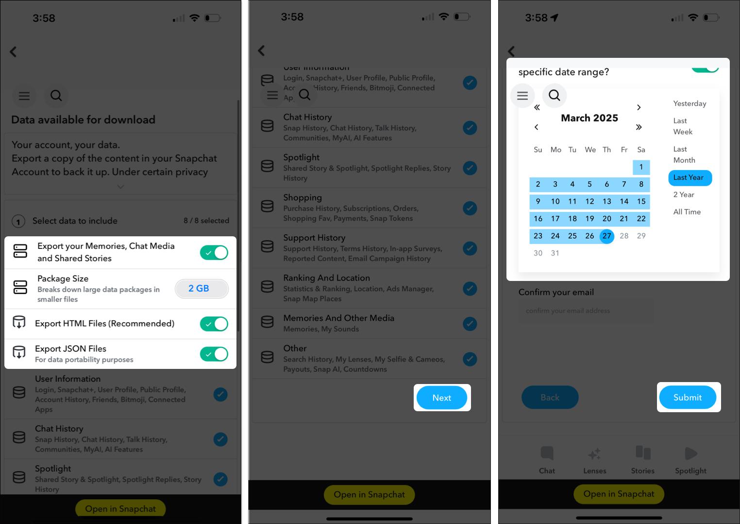 toggle on the export options and select date range and submit request to download snapchat data on iphone