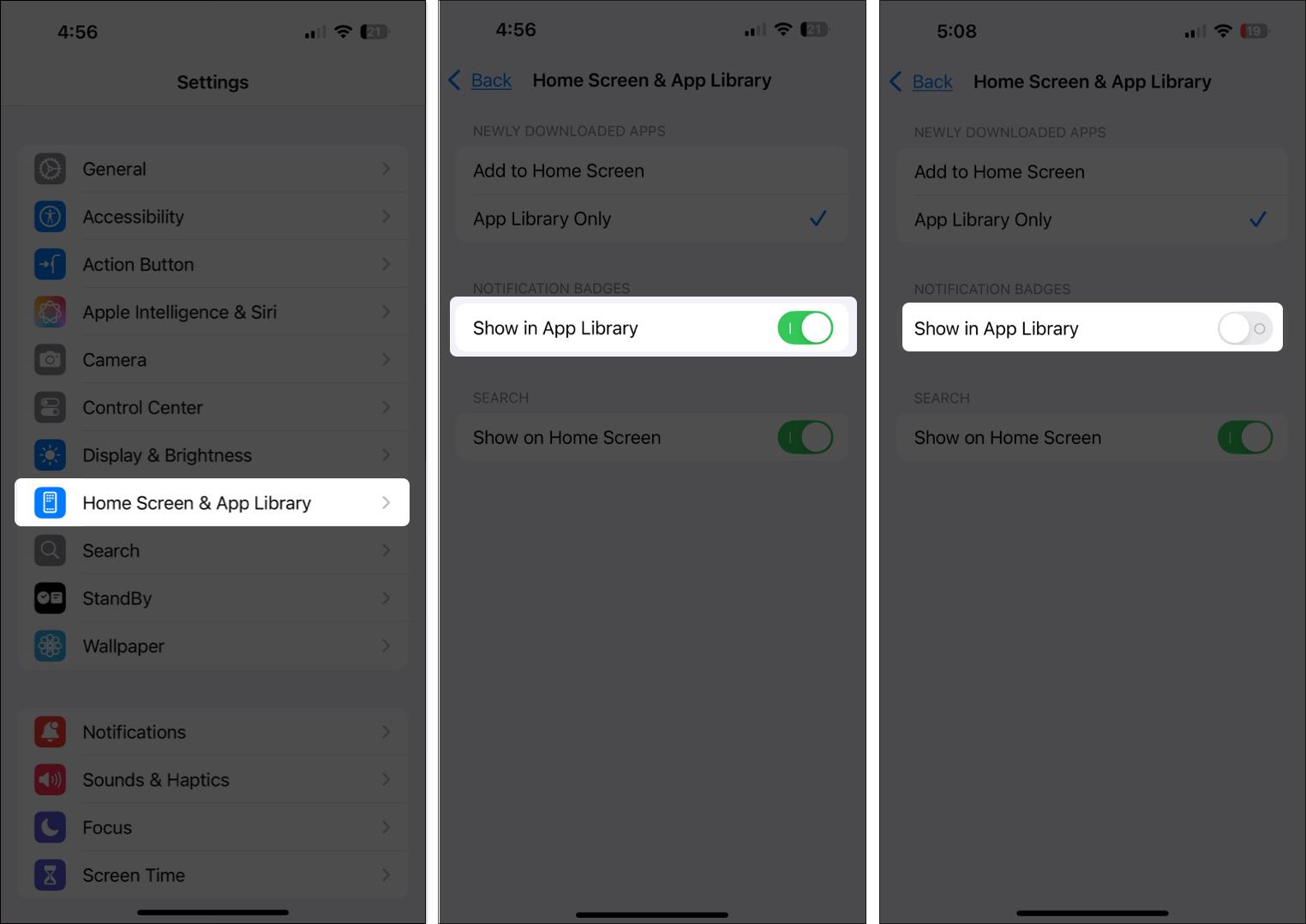 toggling on and off show in app library option from settings on iPhone