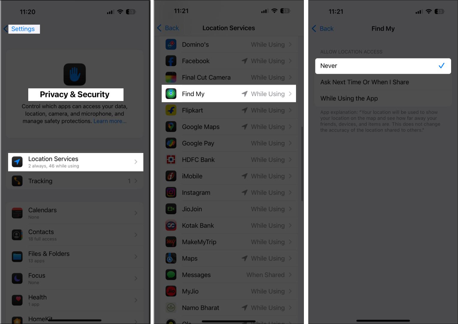 Turning off Location Services for the Find My app on an iPhone.