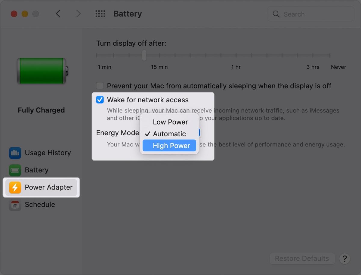turn on high power mode on mac