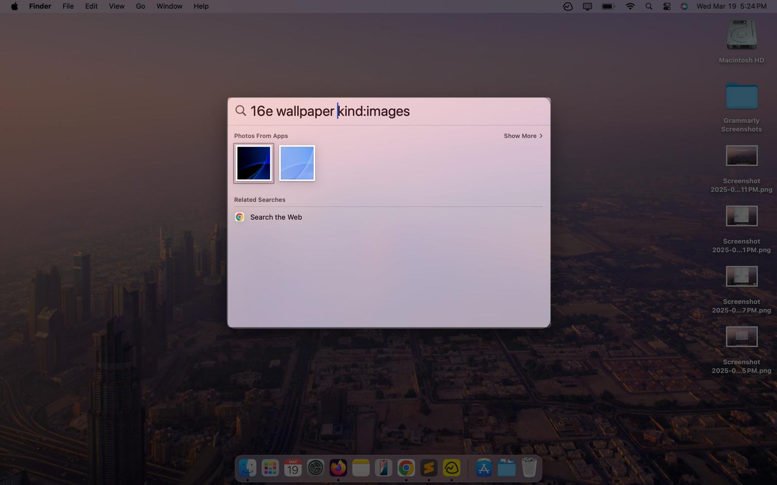 Looking up an image in macOS Spotlight Search using search operators.