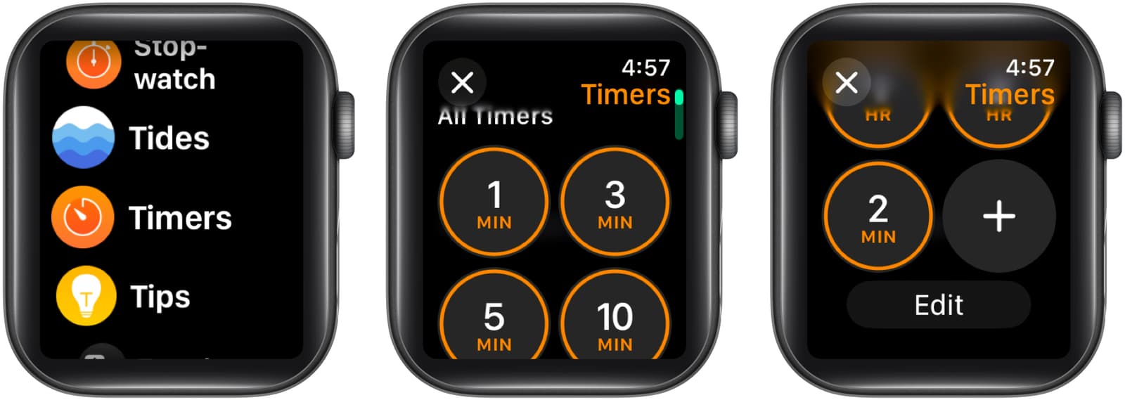 Creating a new timer in the Timers app on an Apple Watch.