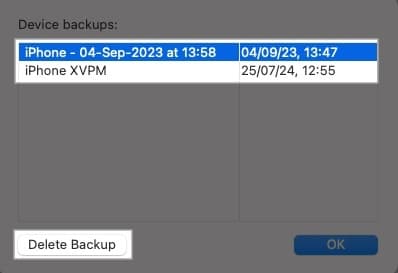 Deleting iPhone backups on mac using finder.