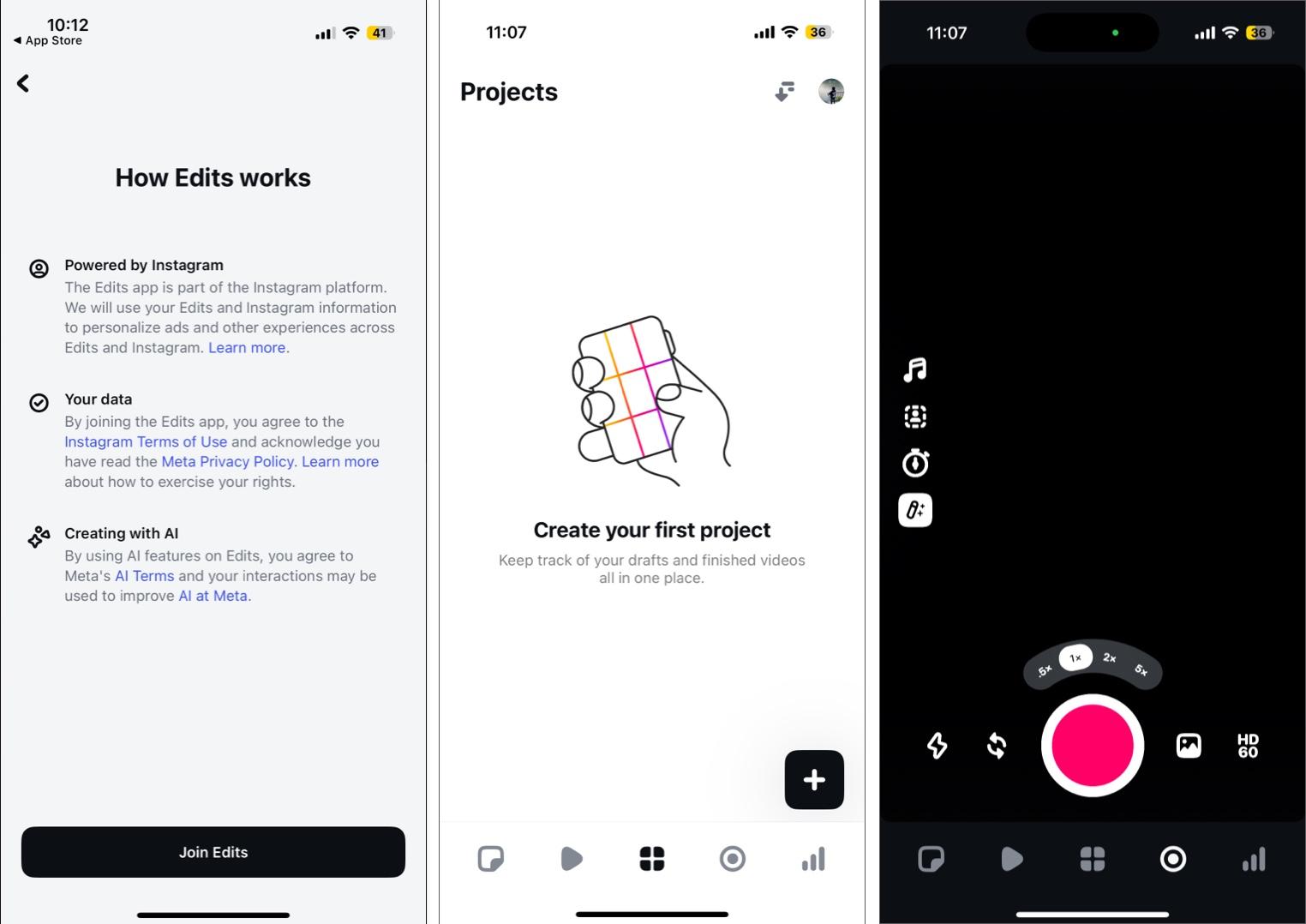 Getting started with Instagram Edits app showing Join Edits button and options to import or capture video for editing.