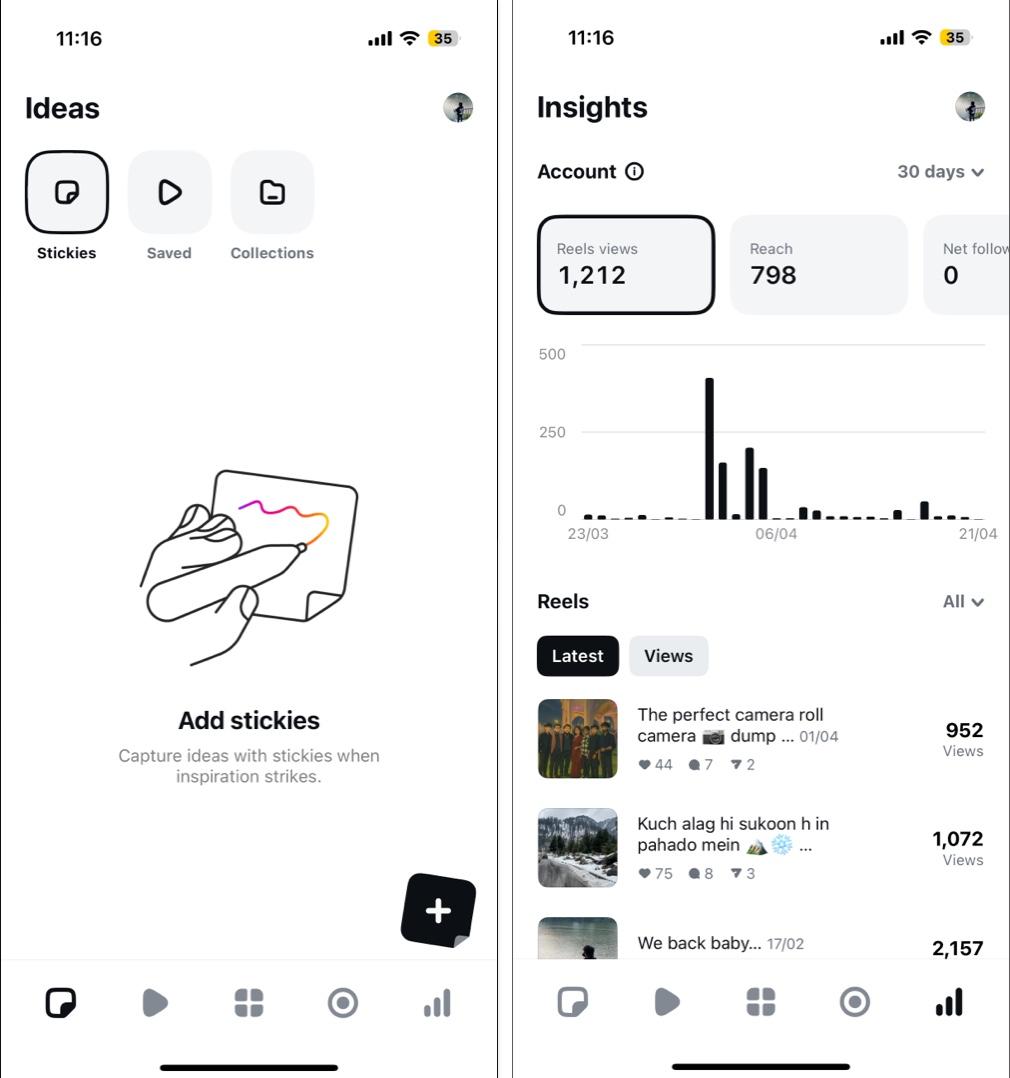 Instagram Edits app features - Ideas Inspiration feed and Insights.