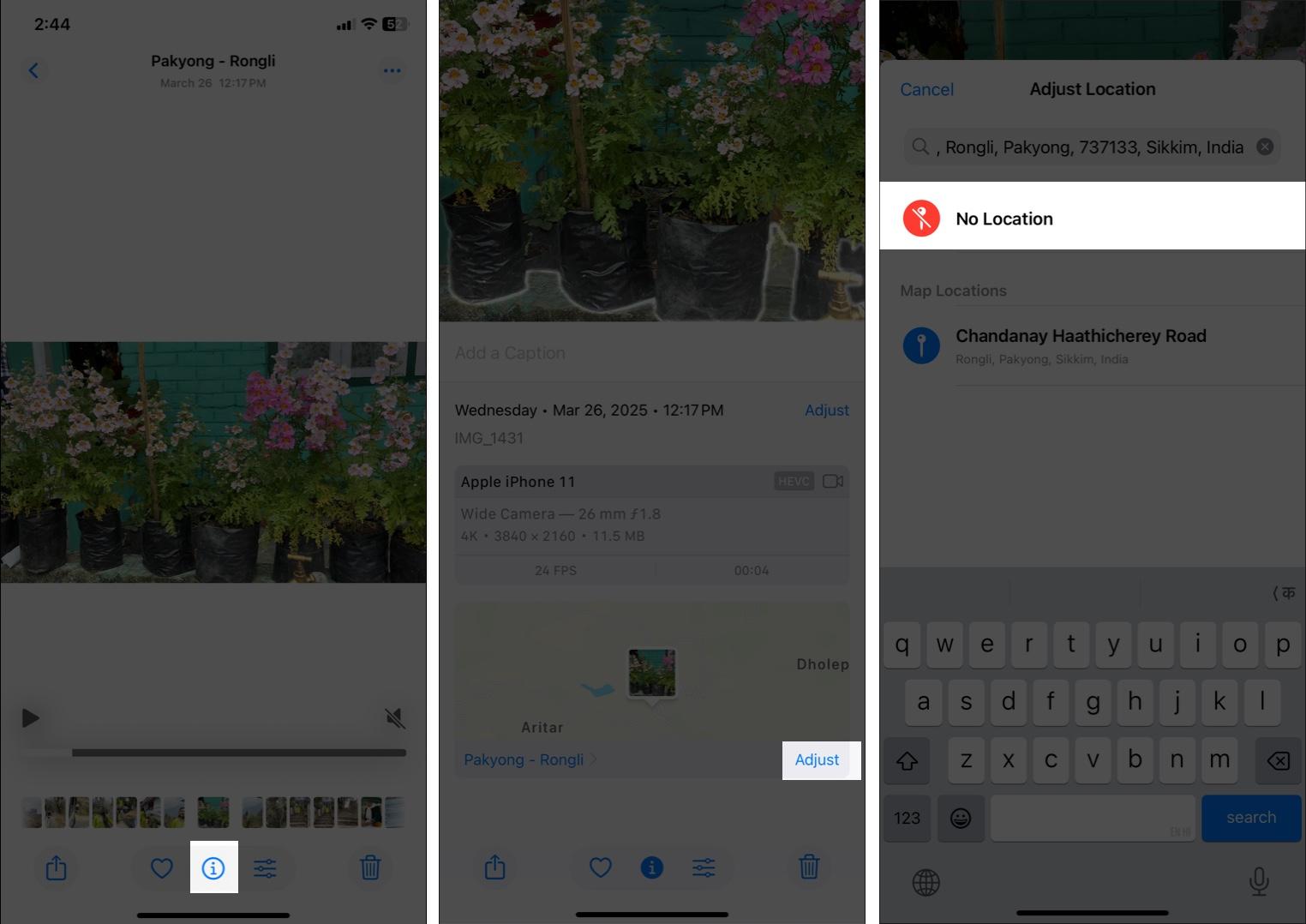 Remove location data from photo using Info option in iPhone Photos app.