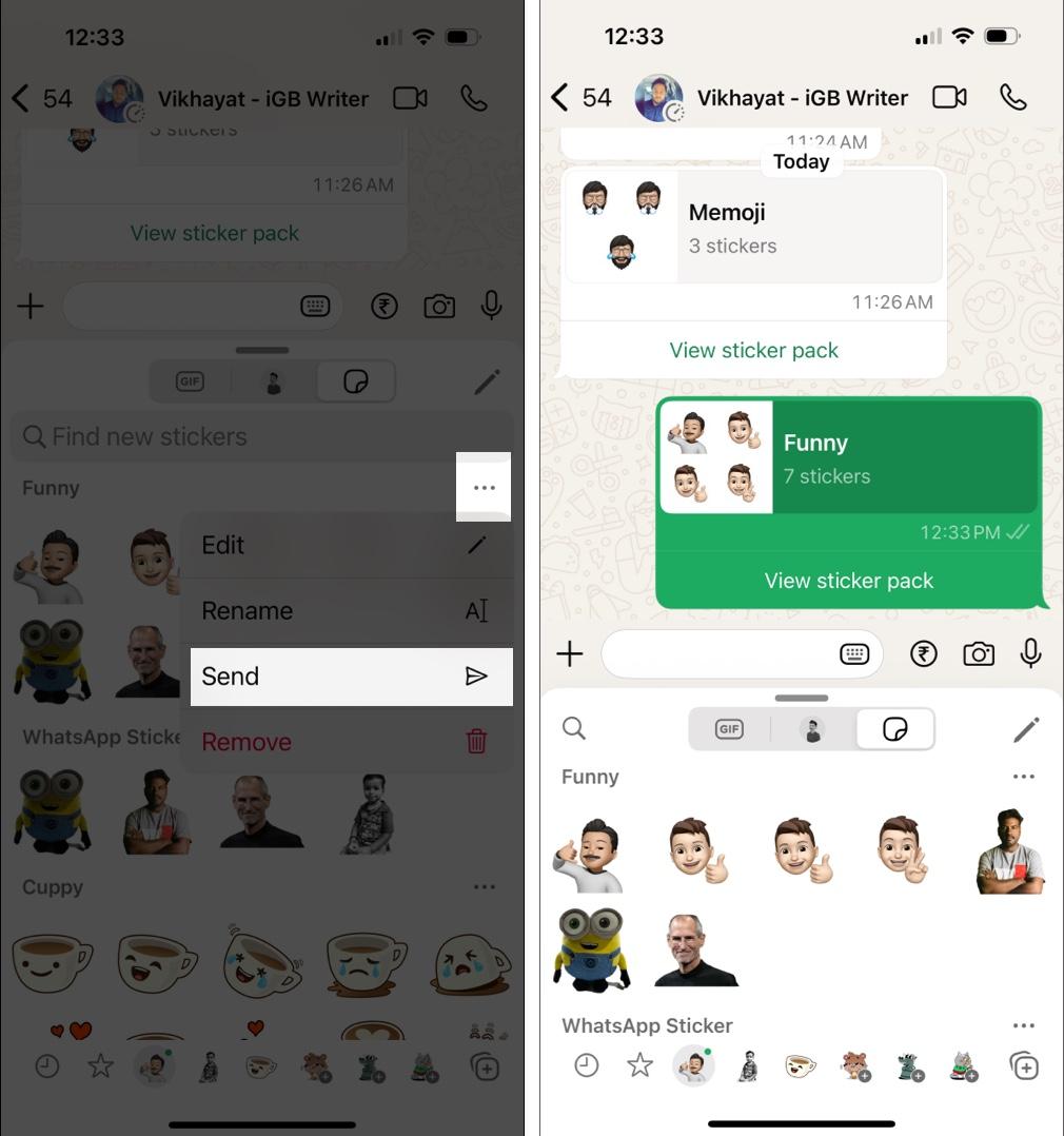 Send custom sticker pack on WhatsApp using three-dot menu.