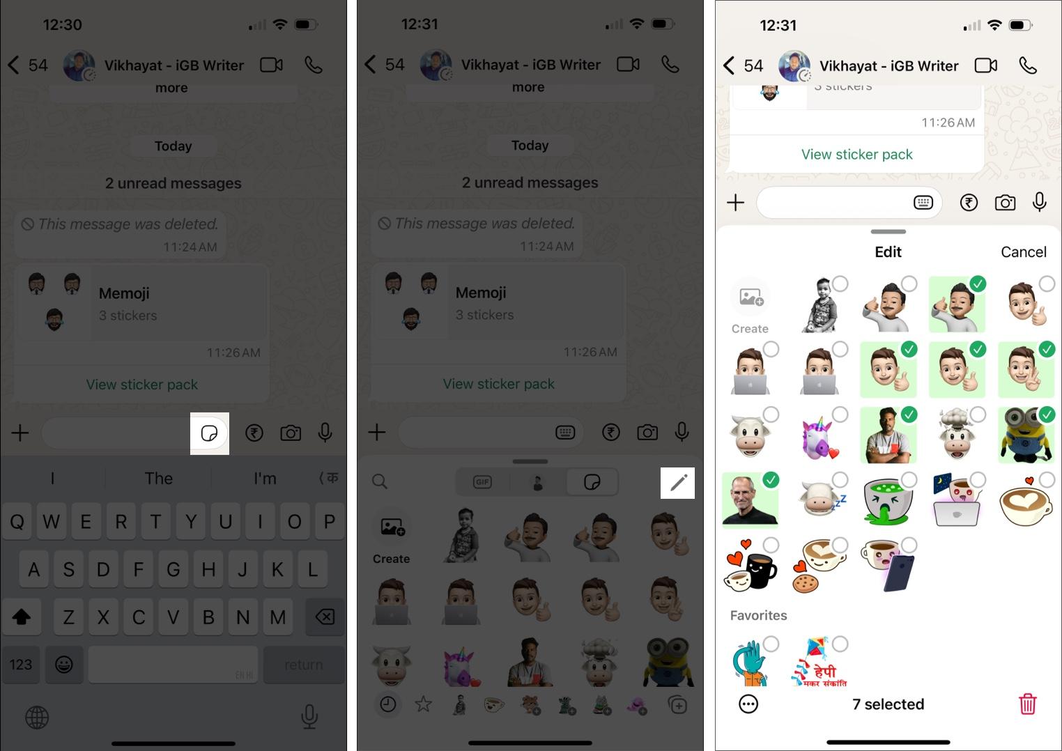 Steps to create custom sticker pack on WhatsApp by selecting stickers and using edit tool.