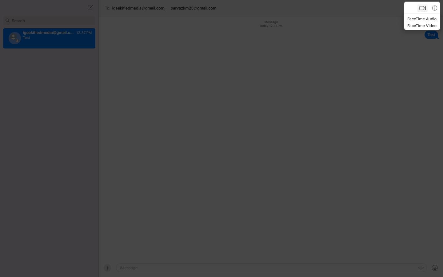 Selecting the FaceTime Video option to start a group call in the Messages app on a Mac.