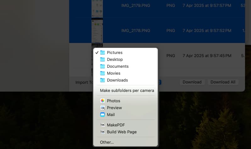 Selecting the destination to move selected photos and videos to on a Mac.