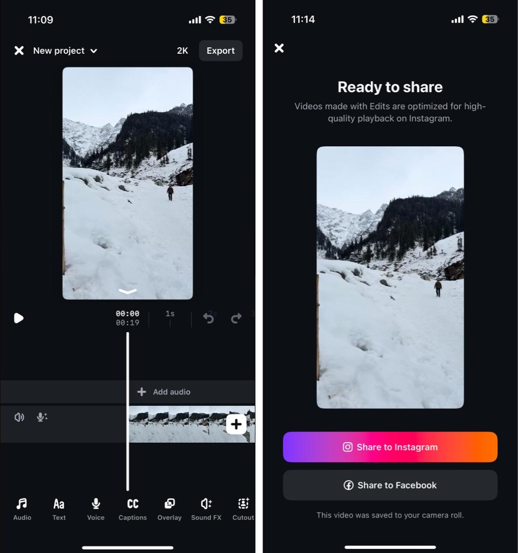Using Instagram Edits app timeline editor to trim split and enhance videos before exporting.