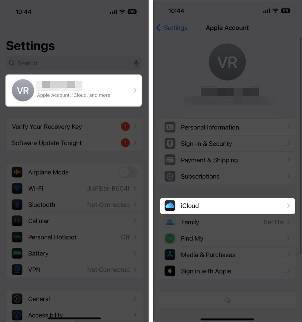 Accessing iCloud settings on an iPhone.