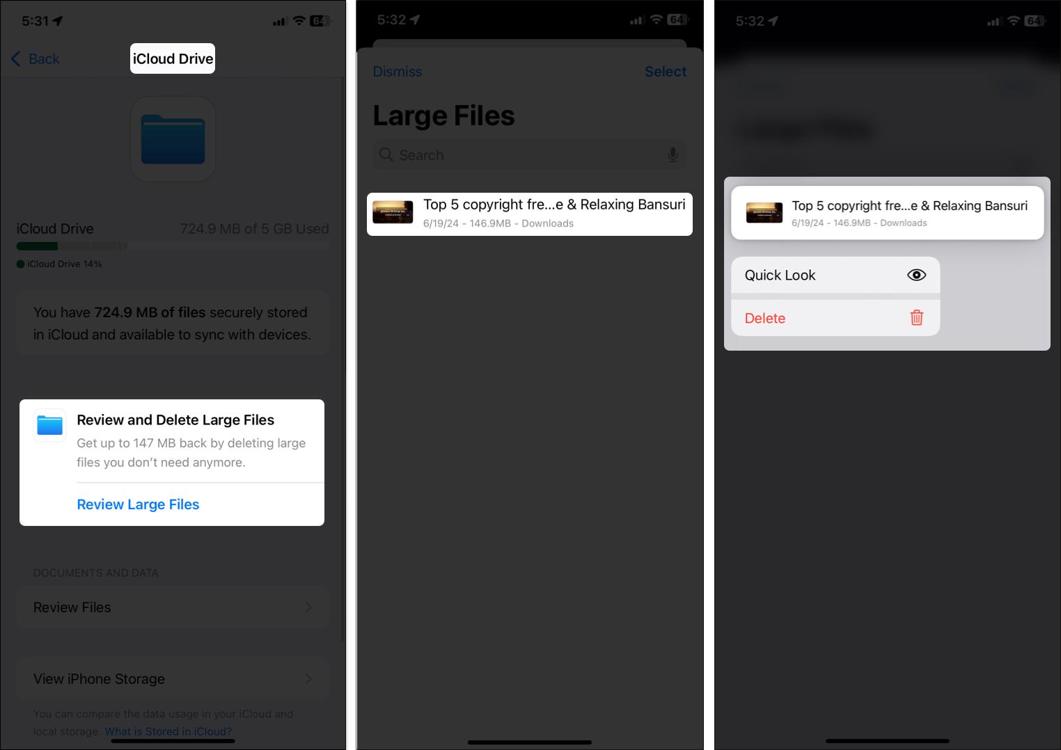 Access large file from review large file option in iCloud drive on iPhone settings