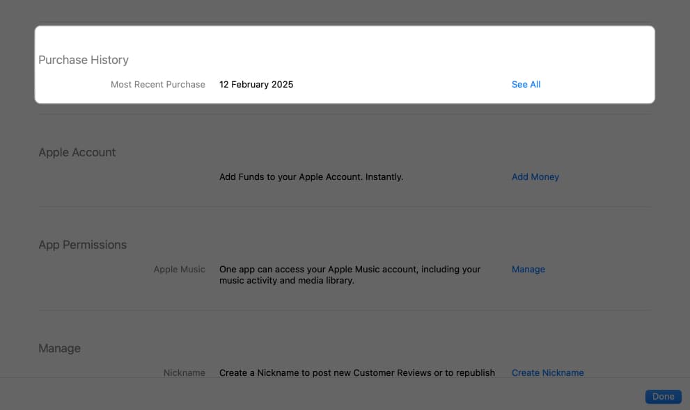 Accessing purchase history from the System Settings on a Mac.