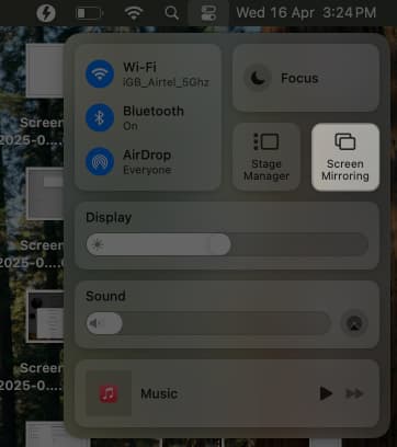 Accessing the Screen Mirroring option in the Control Center on a Mac.