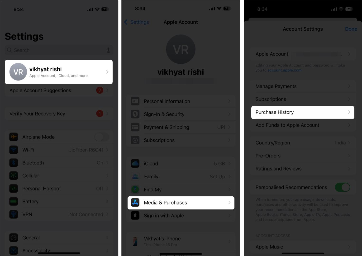 Accessing the Purchase History option from the iPhone Settings app.