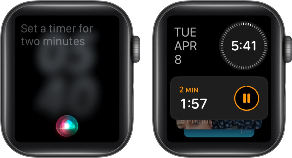 Activating Siri and asking it to set a timer on an Apple Watch.