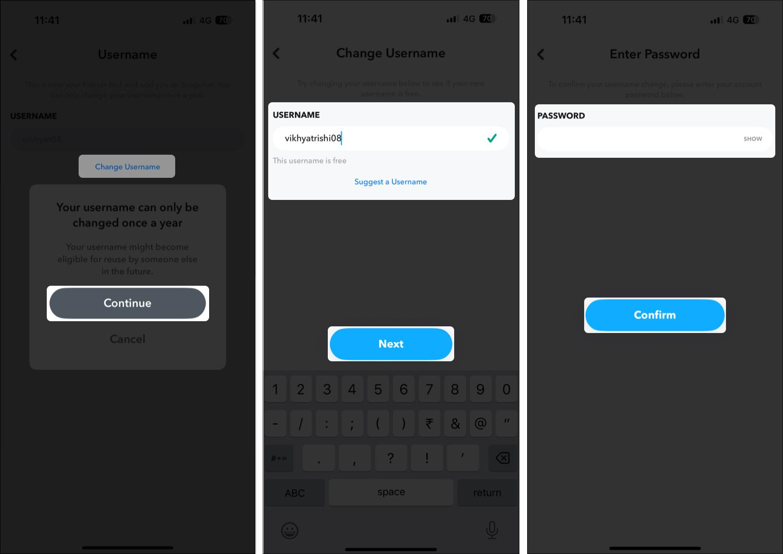add new snapchat username from snapchat settings