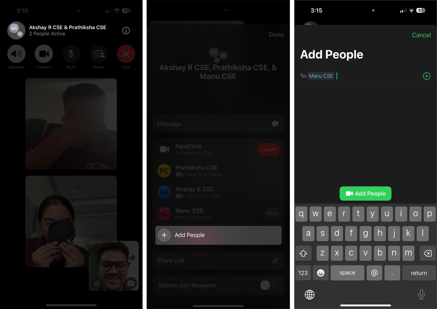 Adding more people to a FaceTime group call on an iPhone.